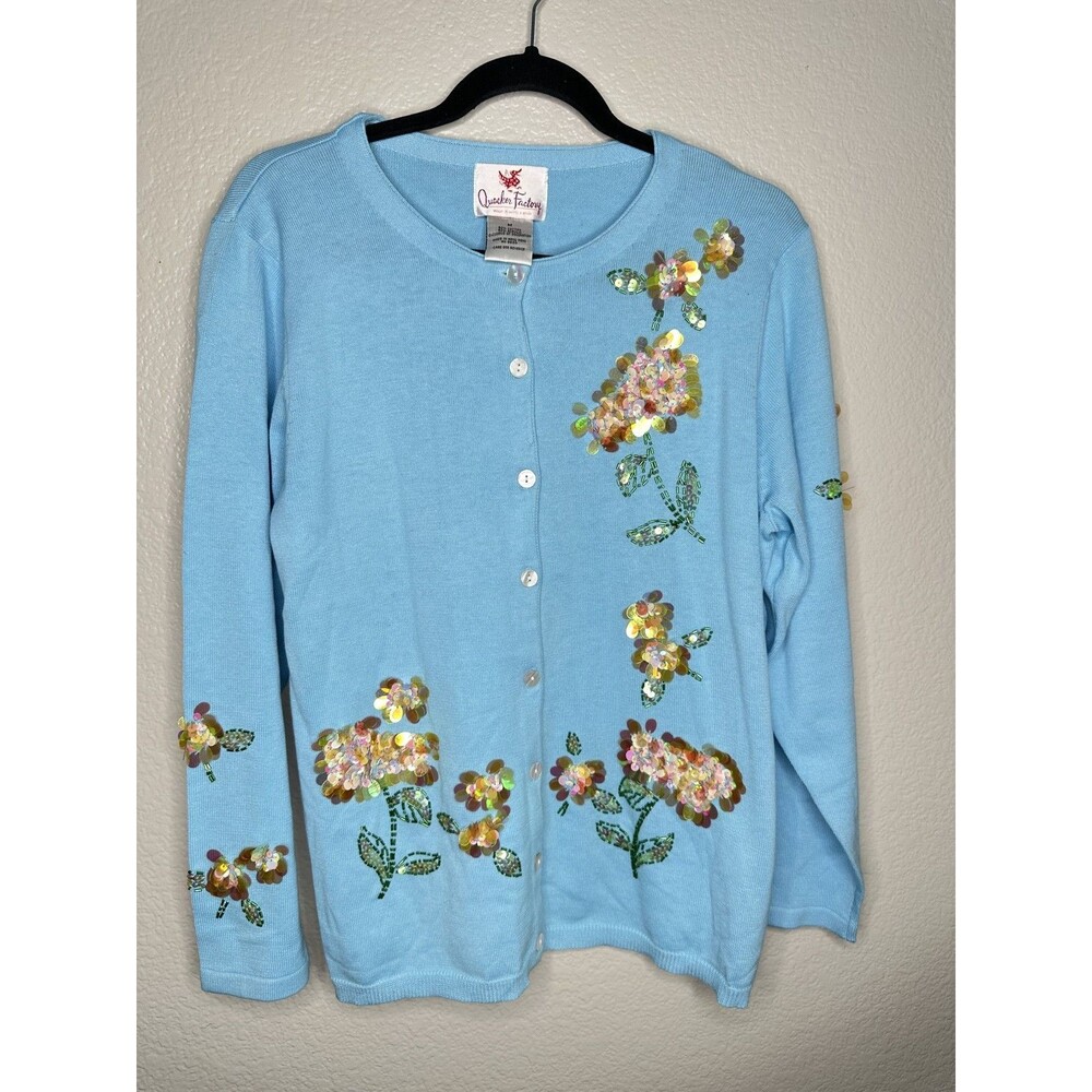 Quacker Factory Sweater Womens Medium Floral Cardigan Beaded Flowers Blue Sequin
